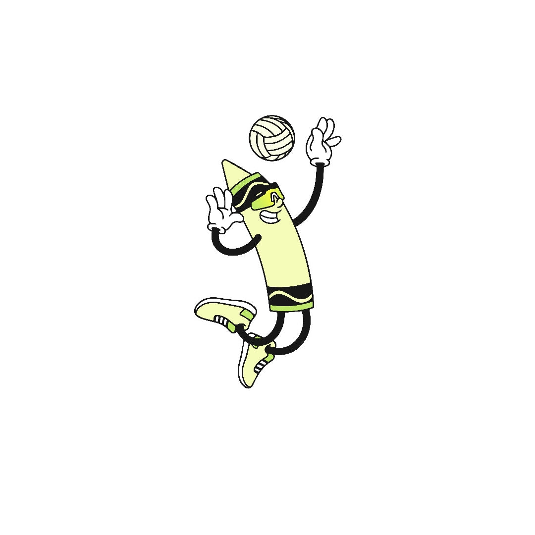 Yellow Crayon Sticker spiking a volleyball – bright athletic vinyl sticker from LosReyes.