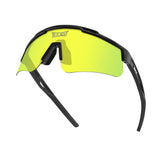 3/4 front shot of yellow polarized lens and black frame with curved wrap and rubber grip.